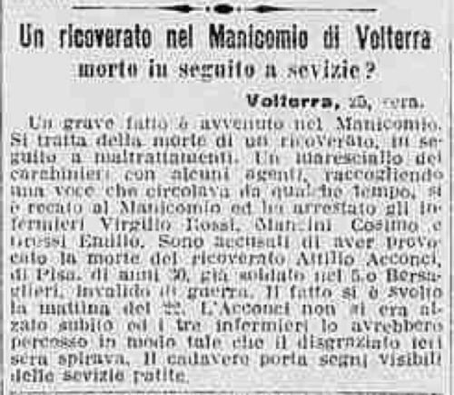 Un ricoverato nel Manicomio di Volterra morto in seguito a sevizie? (1923)