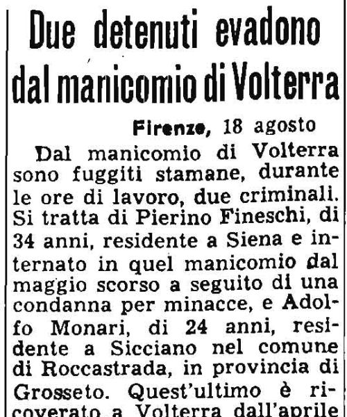 Due detenuti evadono dal manicomio di Volterra
