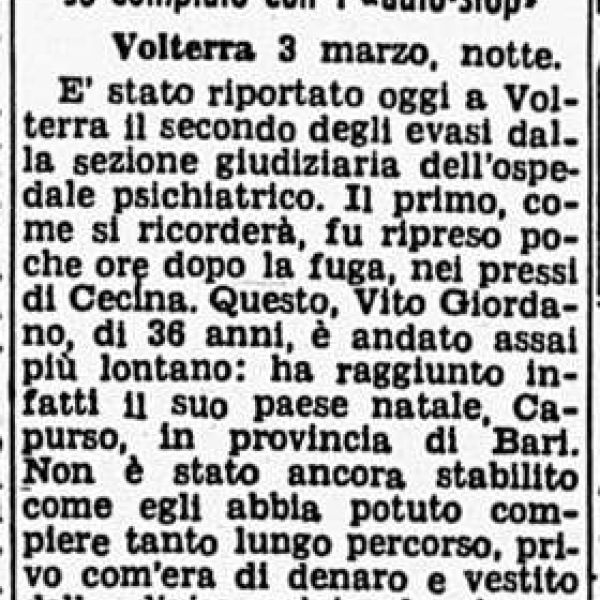 L'evaso da Volterra rintracciato presso Bari (1954) - articolo