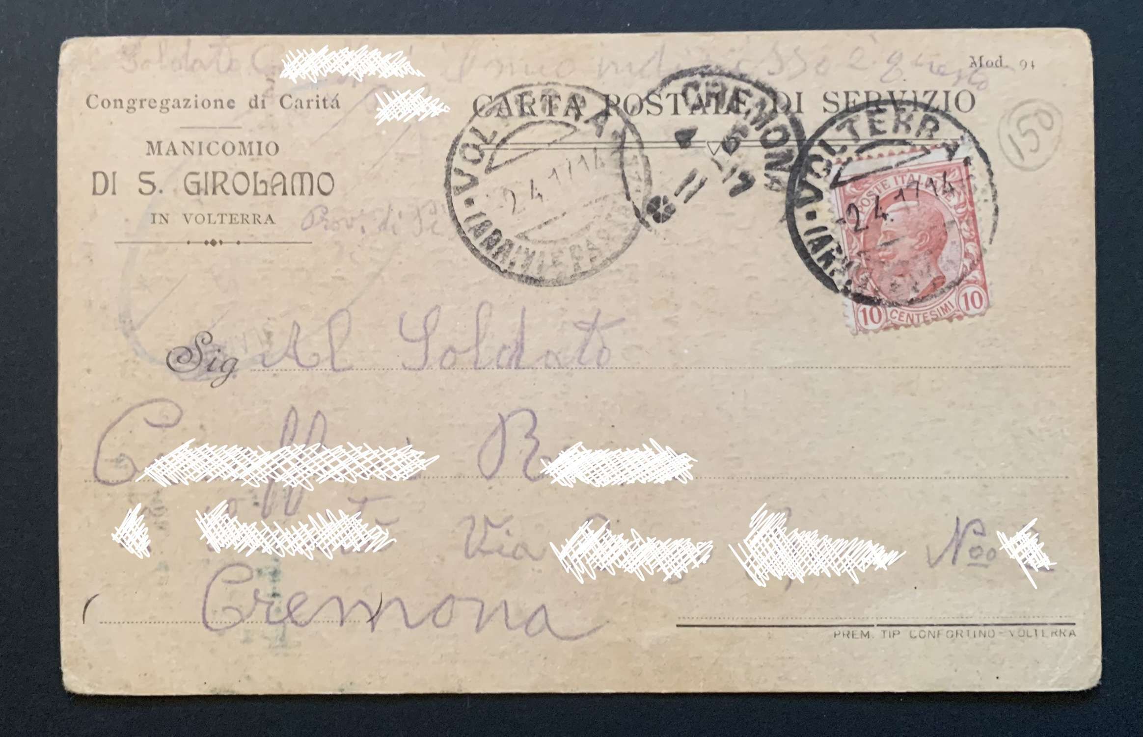 Carta postale di servizio inviata da P. nel 1917