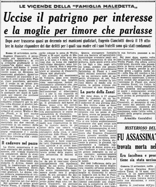 Manicomio di Volterra - Manicomio di Volterra Ritaglio di giornale contenente l'articolo "Uccise il patrigno per interesse e la moglie per timore che parlasse"