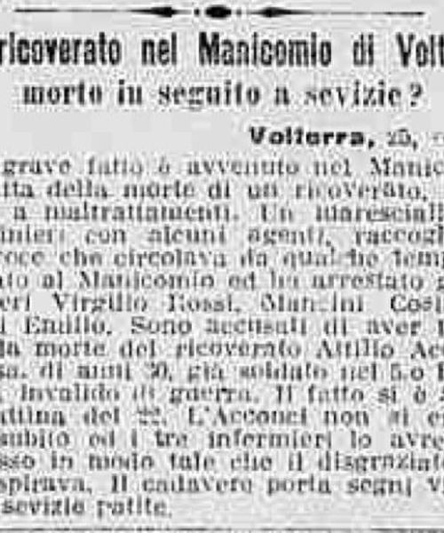 Manicomio di Volterra - Manicomio di Volterra Un ricoverato nel Manicomio di Volterra morto in seguito a sevizie?