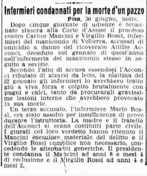 Manicomio di Volterra - Manicomio di Volterra infermieri condannati per la morte di un pazzo