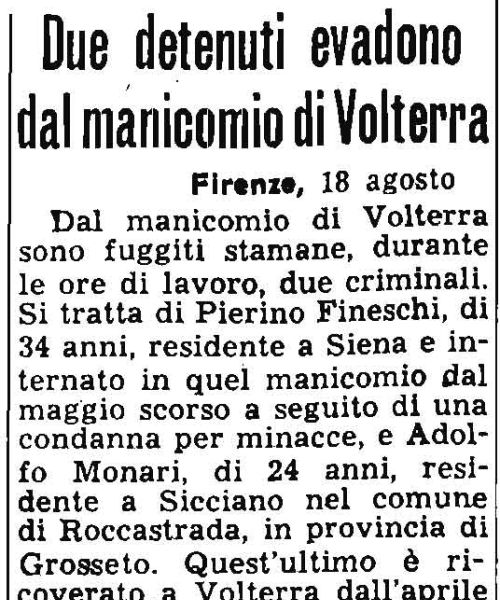 Manicomio di Volterra - Manicomio di Volterra Due detenuti evadono dal manicomio di Volterra